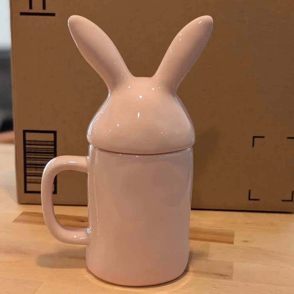 Rae Dunn Magenta Hunny Bunny Pastel Pink Ceramic Coffee Tea Mug Bunny Ears Lid